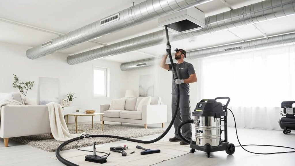 A technician cleaning air ducts in a bright living room