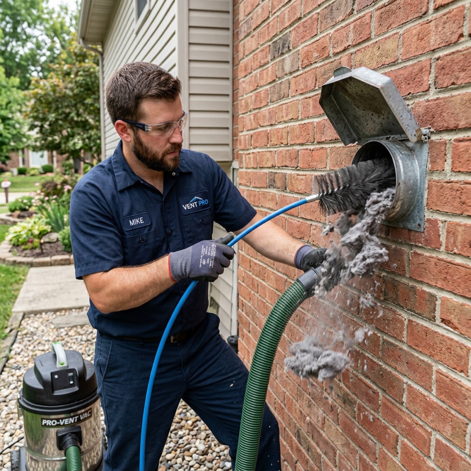 A technician clearing lint from an exterior dryer vent