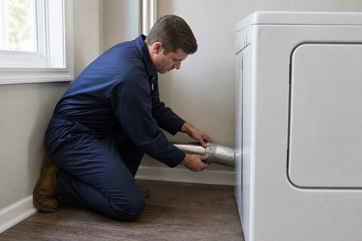 A dryer vent being inspected and repaired in Dallas