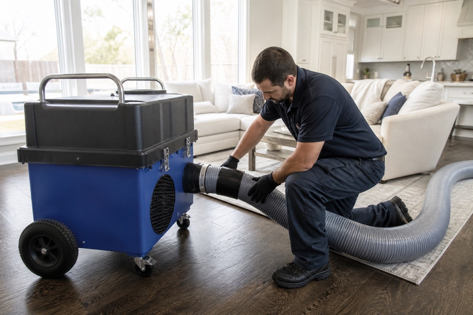 Air duct cleaning equipment set up in a Dallas living room