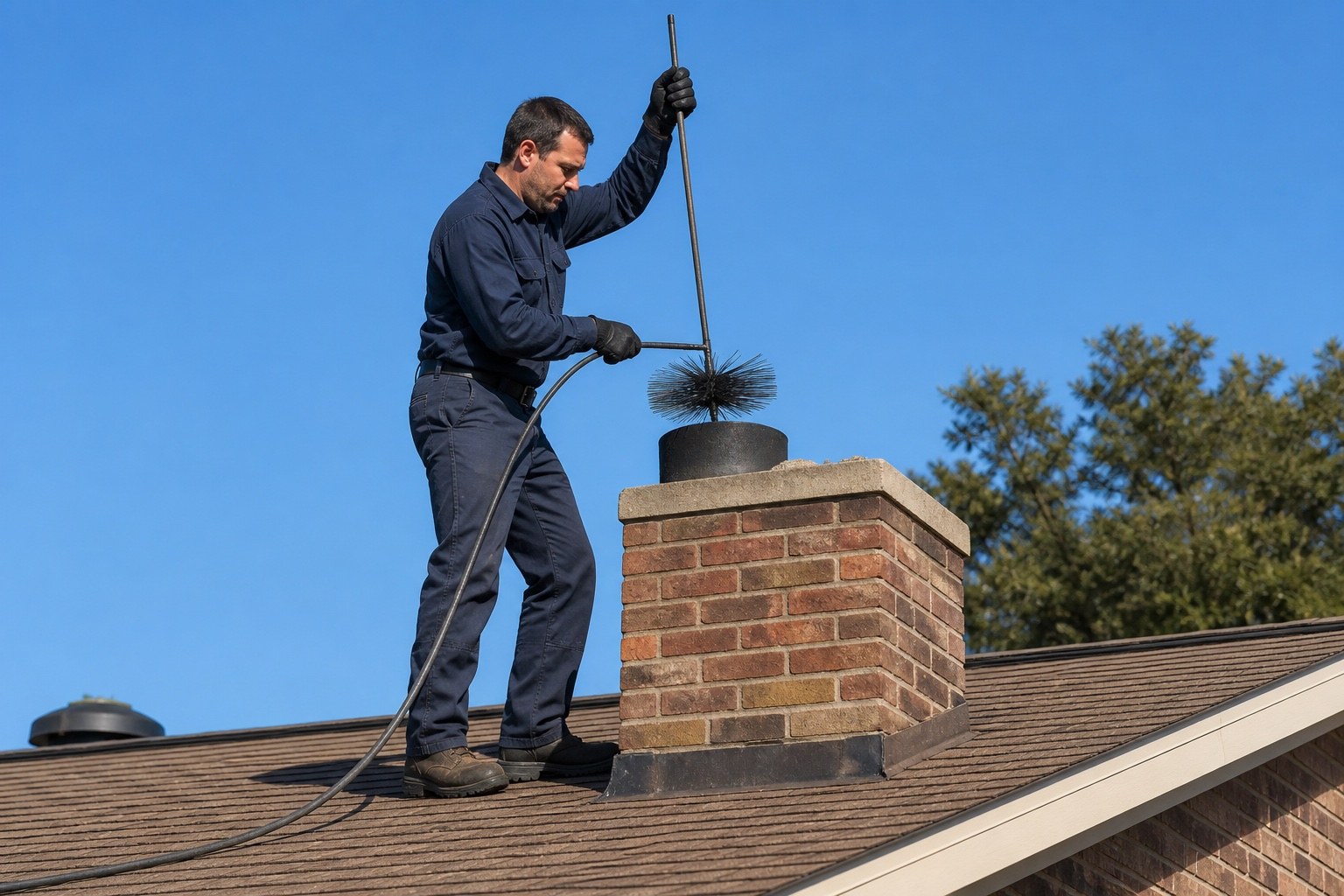 A chimney sweep brushing a chimney from a Dallas roof