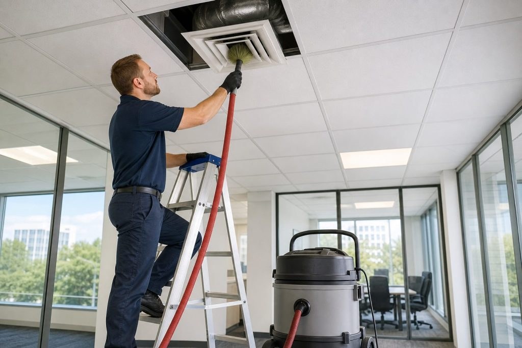 A technician cleaning a ceiling diffuser in a commercial space