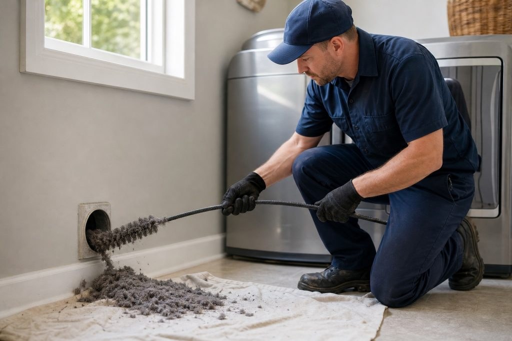 A technician brushing lint from a laundry room dryer vent