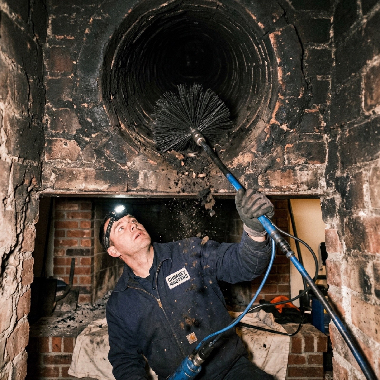 A chimney sweep brushing a brick chimney flue