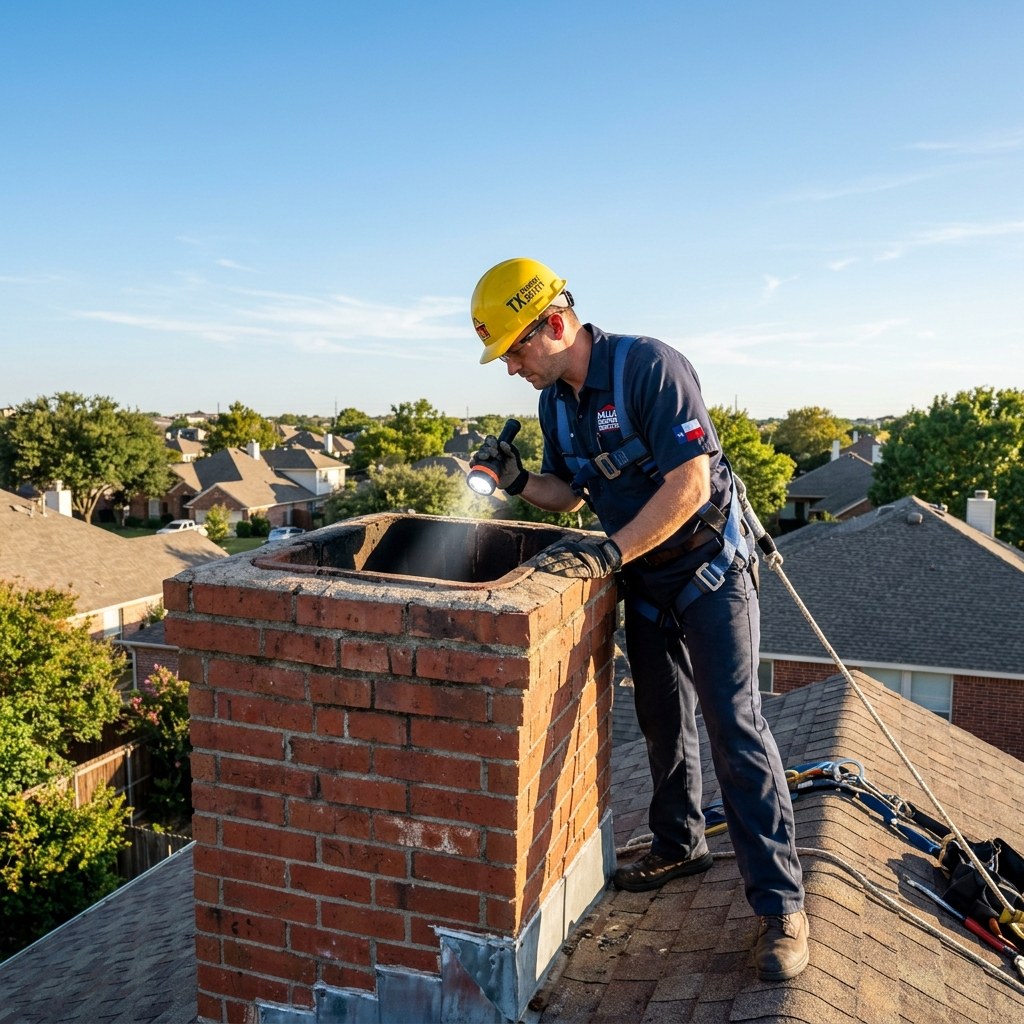 A chimney inspector working on a brick chimney on a roof