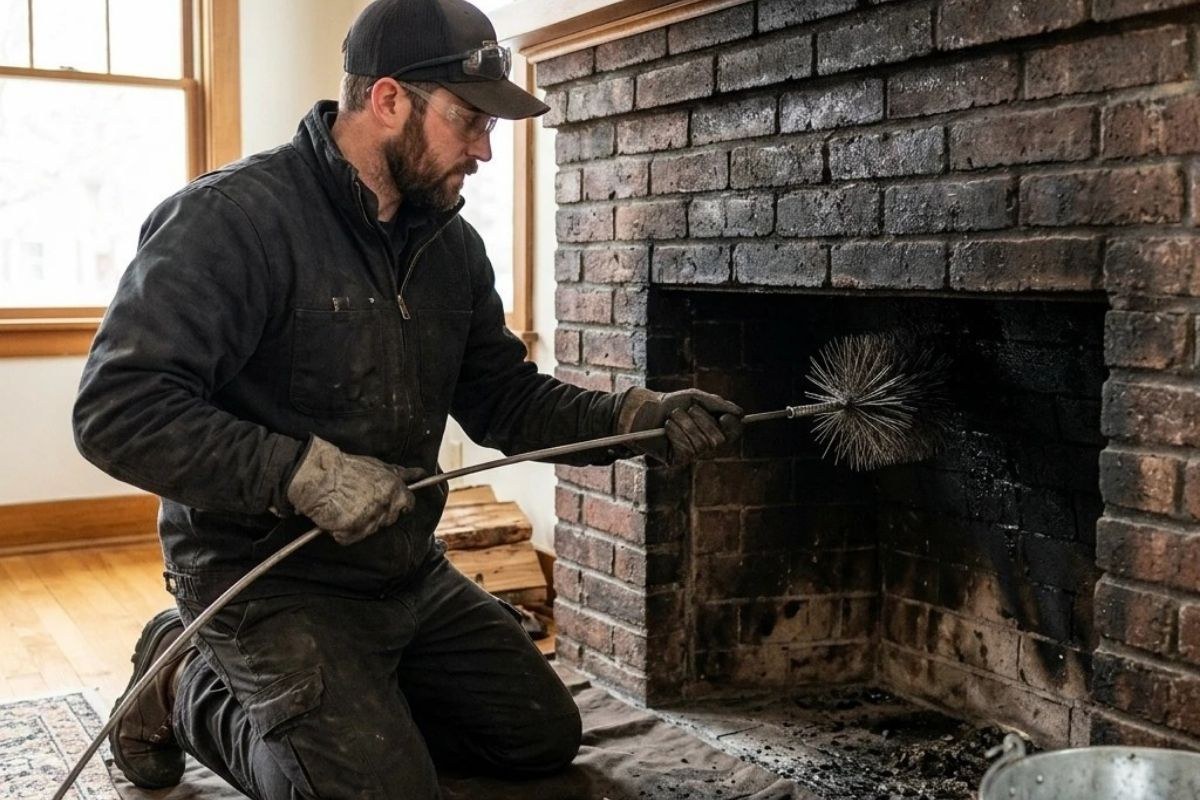 A chimney sweep cleaning a brick fireplace in a Dallas home