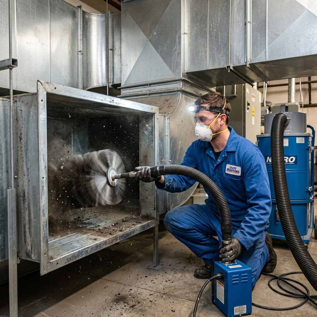 A technician mechanically cleaning inside a metal air duct