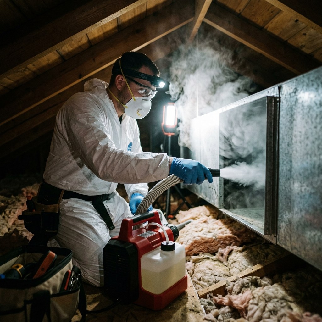 A technician in protective gear treating attic air ducts