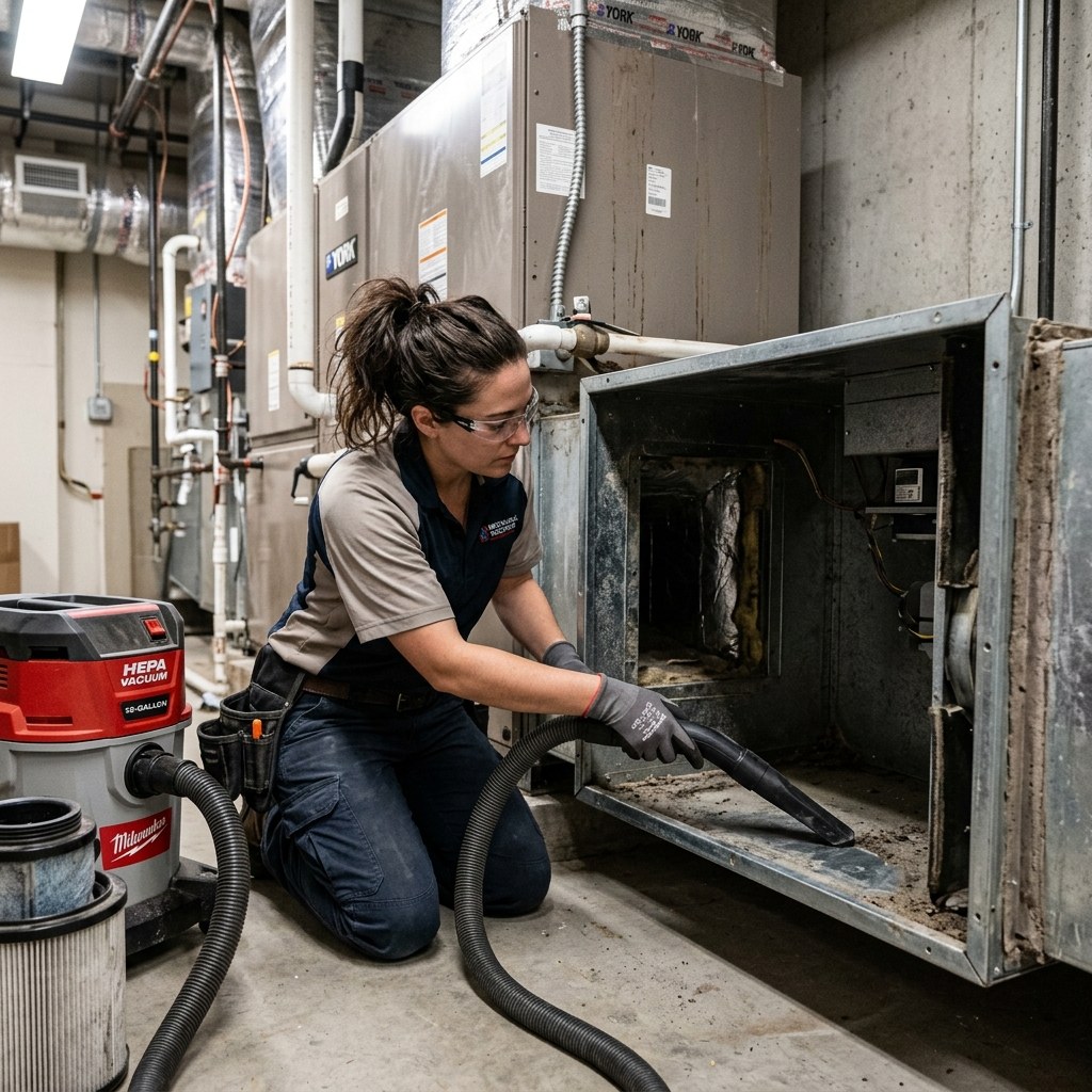 A technician cleaning an HVAC plenum box