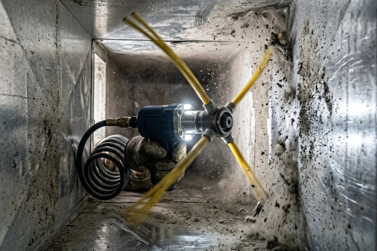 Rotary cleaning equipment working inside ductwork